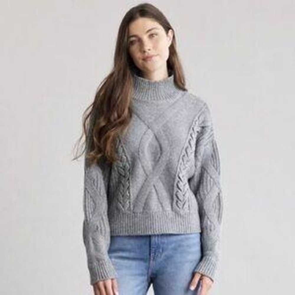 Elizabeth and James Gray Cable Knit Mock Neck‎ Sweater Pullover Women's XL